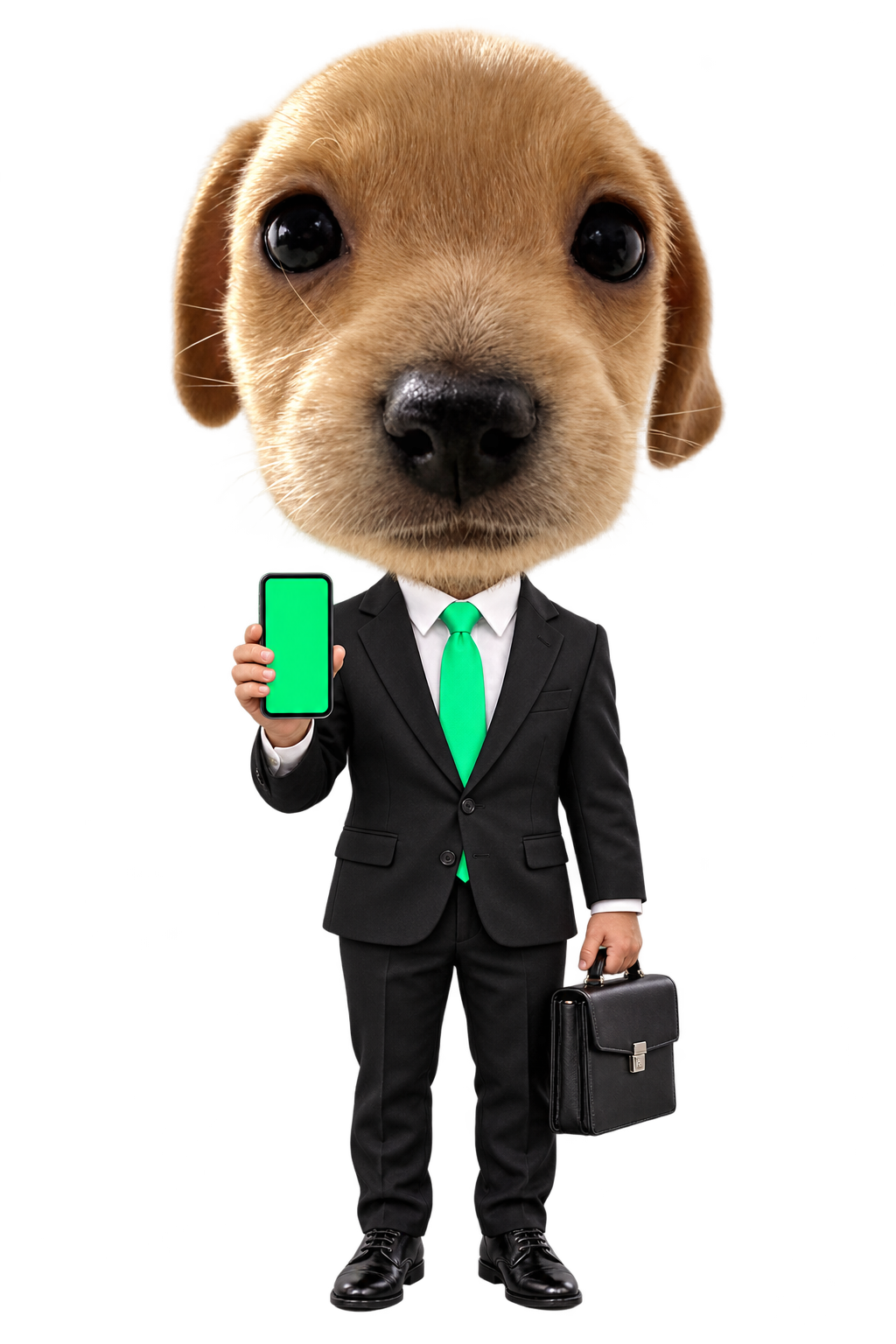 The puppy from your photo, with an enormous head and a tiny human body in a black suit, mint tie, holding a phone and briefcase